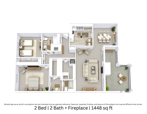 A 3D floor plan showing a detailed angled view of a two-bedroom, two-bath apartment with a fireplace, furniture, and flow over 1,448 Sq. Ft.